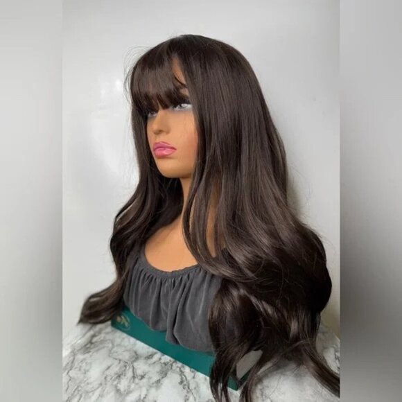 Chocolate Brown Wavy Wig with bangs Natural Luxury look - Picture 7 of 15